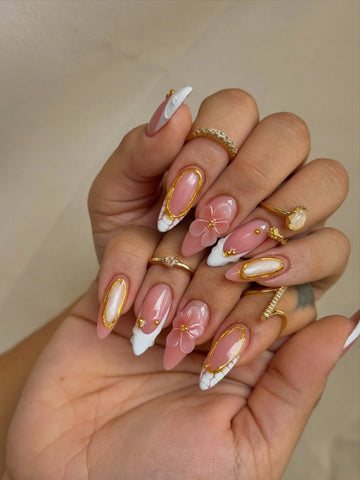 Royal Pearl | Handmade 3D White Flower Gold Frame French Press-On Nails
