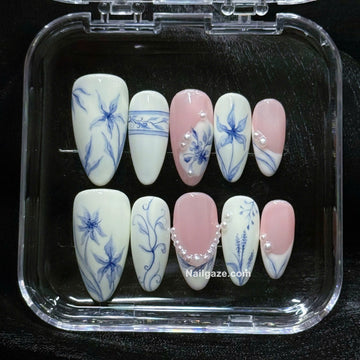 Royal Porcelain | Handmade Watercolor Blue Floral Coquette Pearl Press-On Nails