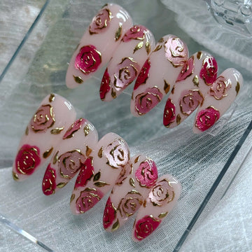 Royal Roses | Handmade Red Pink Gold Floral Press-On Nails