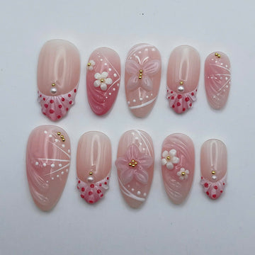 Ruffle Petal | Handmade Pink Coquette 3D Butterfly Polka Dot Press-On Nails