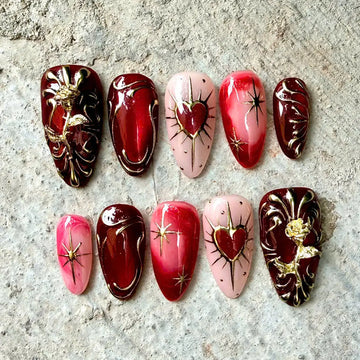 Sacred Heart | Handmade Deep Red Gold Valentine Press-On Nails