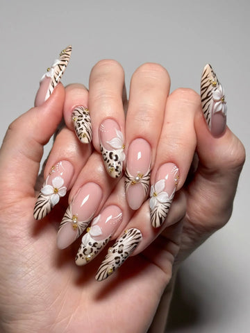 Safari Bloom | Handmade 3D Floral Leopard Zebra Print Press-On Nails