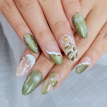 Sage Noel | Handmade Sage Green Christmas Tree Gold Ribbon Snowflake Cat Eye Press-On Nails