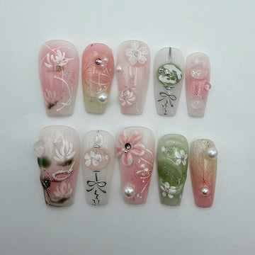 Sage Ombre | Handmade Pink Floral Bow Press-On Nails