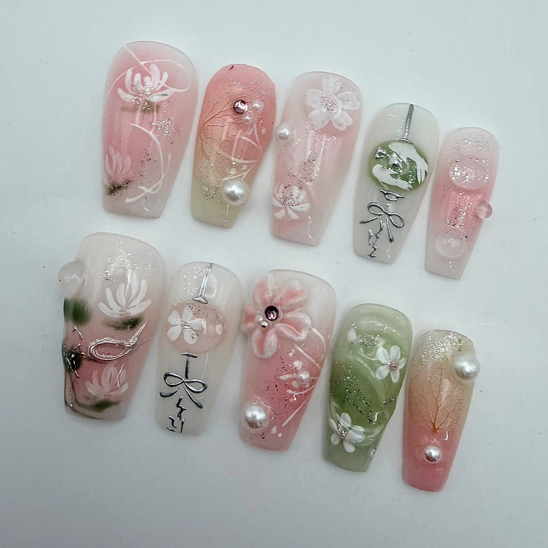 Sage Ombre | Handmade Pink Floral Bow Press-On Nails
