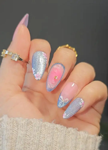 Sakura Blossom | Handmade Pink Blue Cat Eye Bow Press-On Nails