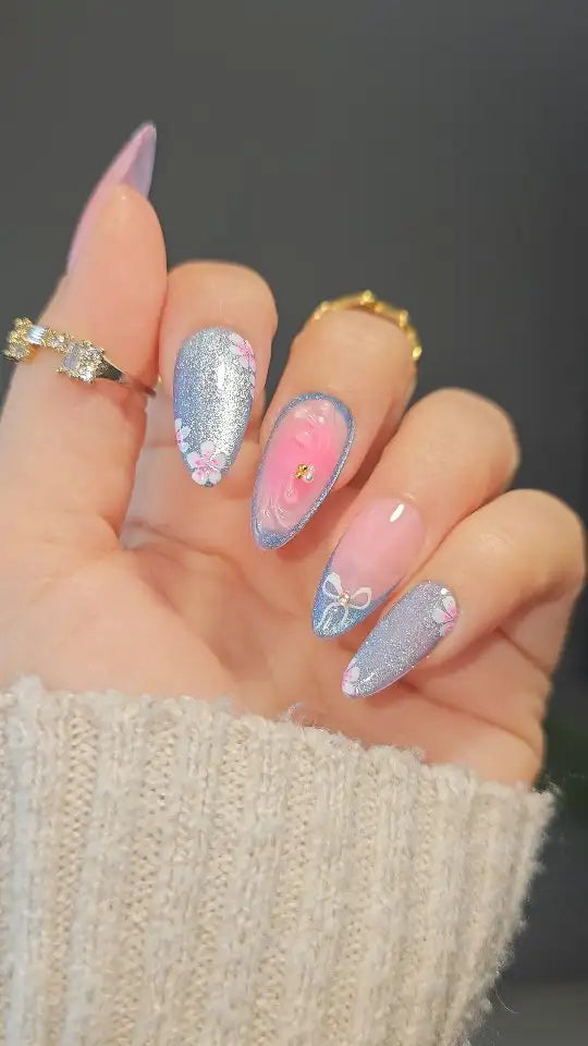 Sakura Blossom | Handmade Pink Blue Cat Eye Bow Press-On Nails