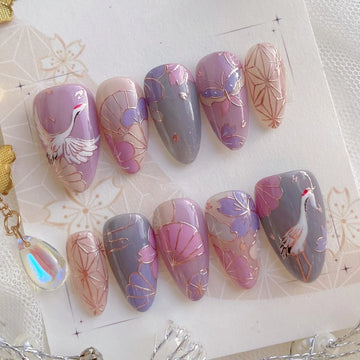 Sakura Crane | Handmade Japanese Crane Pastel Purple Floral Press-On Nails