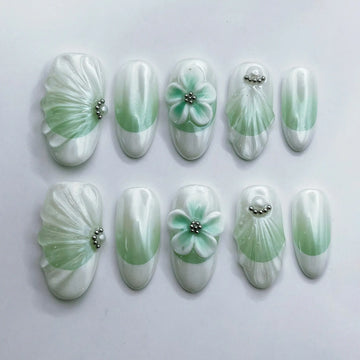 Sculpted Floral | Handmade Green White 3D Art Press-On Nails