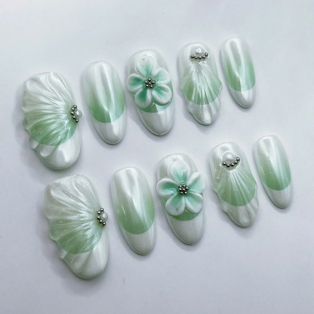 Sculpted Floral | Handmade Green White 3D Art Press-On Nails
