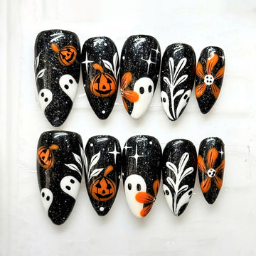 Shadow Blossom | Handmade Black Glitter Spooky Ghost Pumpkin Press-On Nails