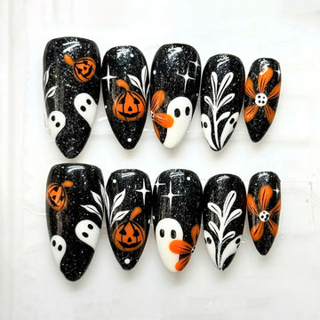 Shadow Blossom | Handmade Black Glitter Spooky Ghost Pumpkin Press-On Nails