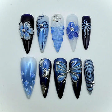 Silver Butterfly | Handmade Blue 3D Floral Mix Press-On Nails