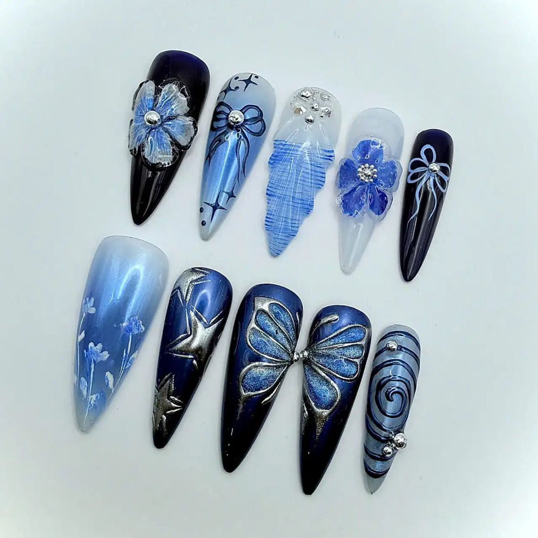 Silver Butterfly | Handmade Blue 3D Floral Mix Press-On Nails
