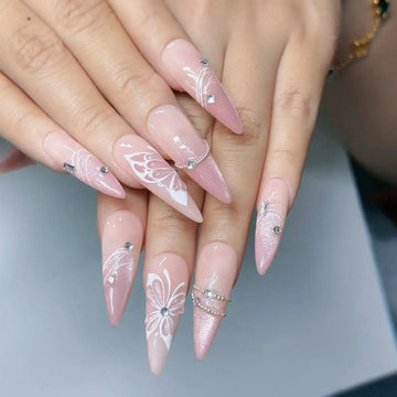 Silver Butterfly | Handmade Nude Pink Cat Eye Press-On Nails
