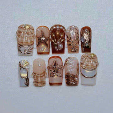 Siren Shore | Handmade 3D Seashell Starfish Ocean Pearl Press-On Nails