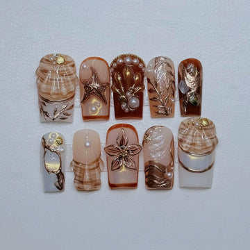 Siren Shore | Handmade 3D Seashell Starfish Ocean Pearl Press-On Nails