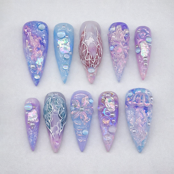 Siren Tide | Handmade 3D Textured Jellyfish Purple Iridescent Press-On Nails
