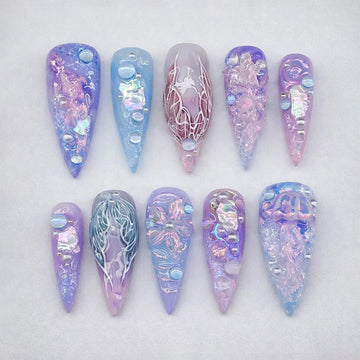 Siren Tide | Handmade 3D Textured Jellyfish Purple Iridescent Press-On Nails