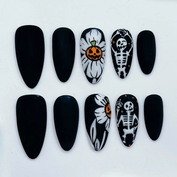 Skeleton Daisy | Handmade Black Spooky Pumpkin Halloween Press-On Nails
