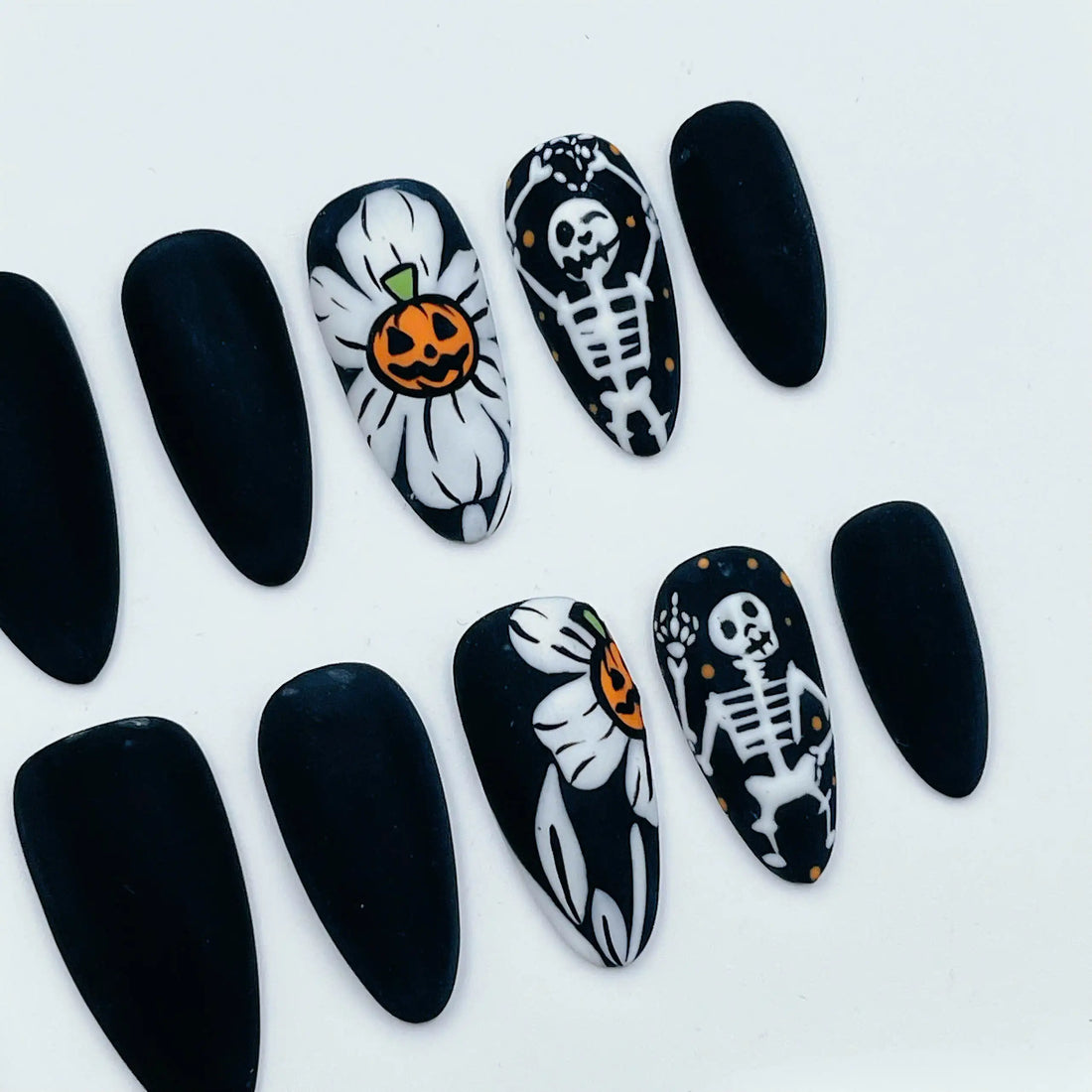 Skeleton Daisy | Handmade Black Spooky Pumpkin Halloween Press-On Nails