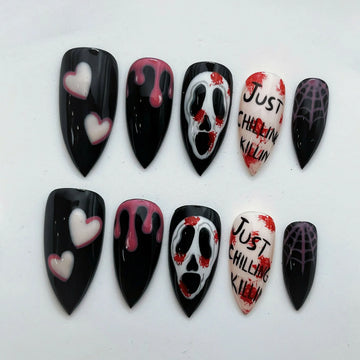 Slasher Pink | Handmade Horror Mask Pink Blood Drip Web Press-On Nails