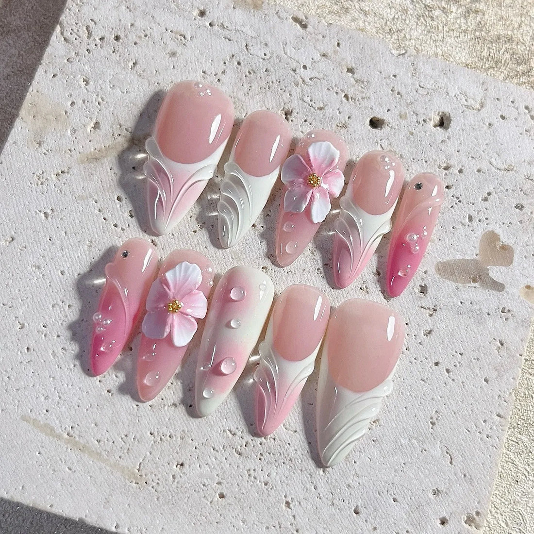 Soft Dahlia | Handmade Pink Floral French 3D Ombre Press-On Nails