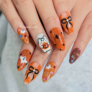Spooky Feline | Handmade Halloween Ghost Cat Orange Web Press-On Nails