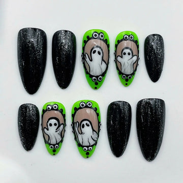 Spooky Ghost | Handmade Green Black Halloween Press-On Nails