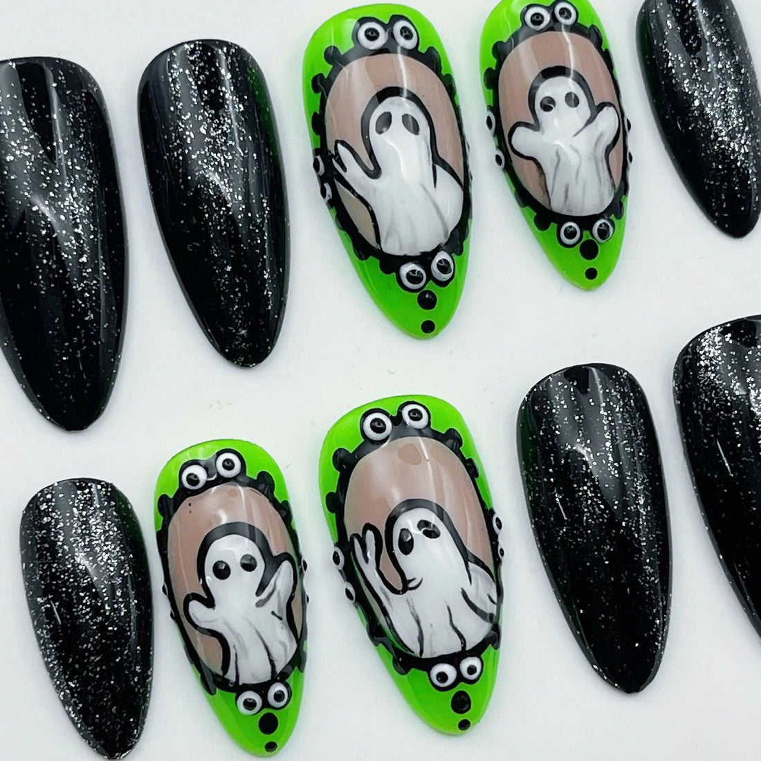 Spooky Ghost | Handmade Green Black Halloween Press-On Nails