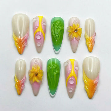 Spring Dew | Handmade 3D Flower Water Drop Press-On Nails