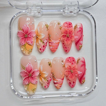 Spring Hibiscus | Handmade 3D Pink Flower Hibiscus Beach Summer Press-On Nails