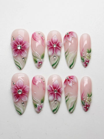 Spring Petals | Handmade 3D Pink Floral Gel Reusable Press-On Nails