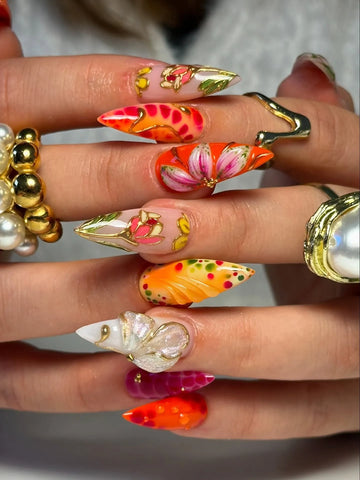 Stained Glass | Handmade 3D Maximalist Gold Chrome Floral Press-On Nails