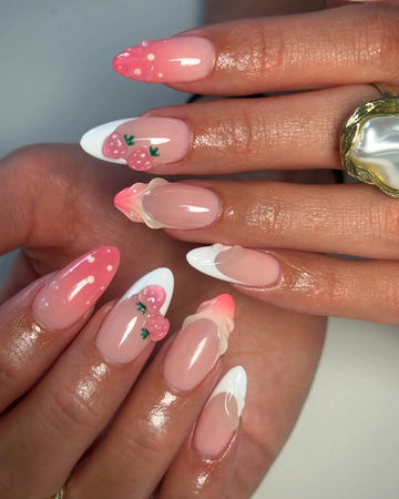 Strawberry Blush | Handmade Pink Aura French Tip 3D Fruit Press-On Nails