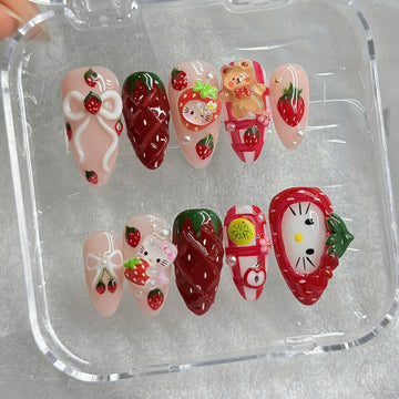 Strawberry Kitty | Handmade 3D Strawberry Kawaii Kitty Red Gingham Press-On Nails