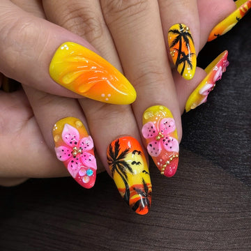 Sunset Island | Handmade Tropical Hibiscus Palm Tree Ombre Press-On Nails