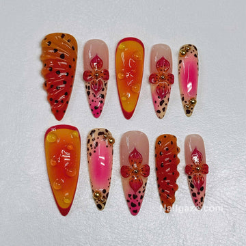 Sunset Safari | Handmade Tropical Neon Ombre 3D Cheetah Press-On Nails