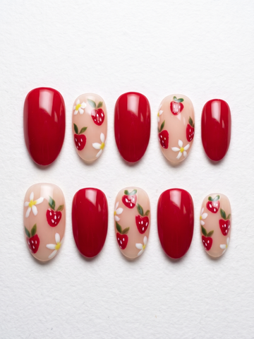 Sweet Berry | Handmade Red Strawberry Summer Fruit Floral Press-On Nails