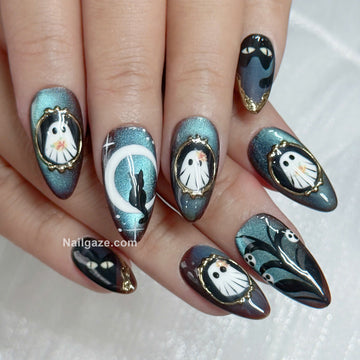 Teal Shadow | Handmade Cute Spooky Ghost Moon Black Cat Press-On Nails