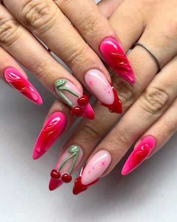 Textured Cherry | Handmade Pink Swirl 3D Almond Press-On Nails