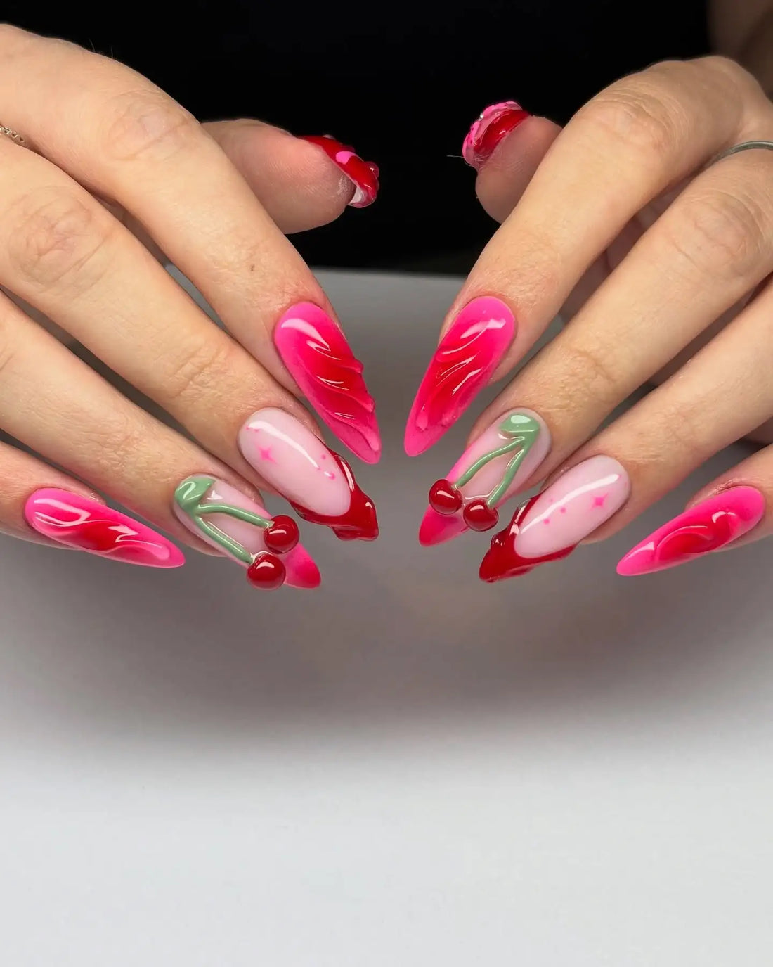 Textured Cherry | Handmade Pink Swirl 3D Almond Press-On Nails