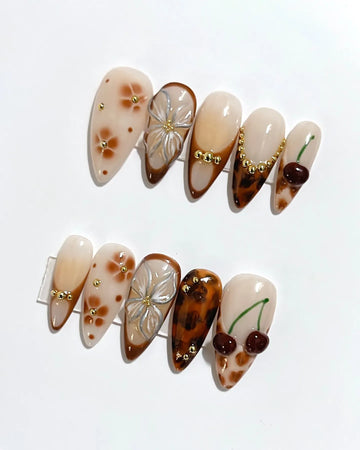 Tortoise Cherry | Handmade Tortoiseshell Brown 3D Cherry Fall Floral Press-On Nails