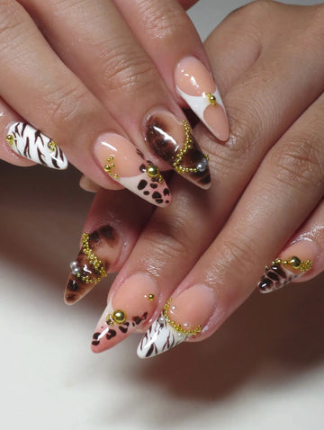 Tortoise Safari | Handmade Animal Print Tortoiseshell Gold Caviar Bead Press-On Nails