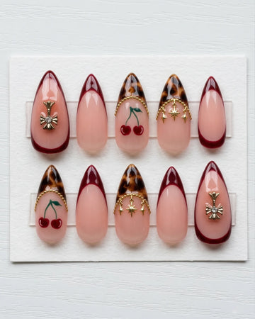 Tortoise Velvet | Handmade Burgundy Tortoiseshell Gold Charm Press-On Nails