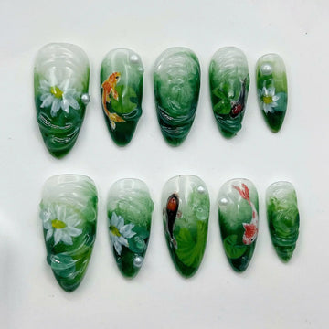 Tranquil Lotus | Handmade Green Koi Fish Press-On Nails