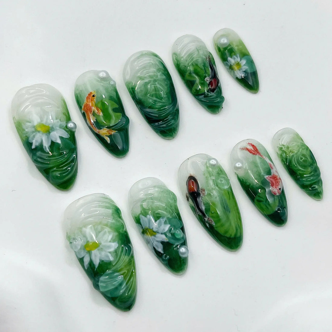 Tranquil Lotus | Handmade Green Koi Fish Press-On Nails
