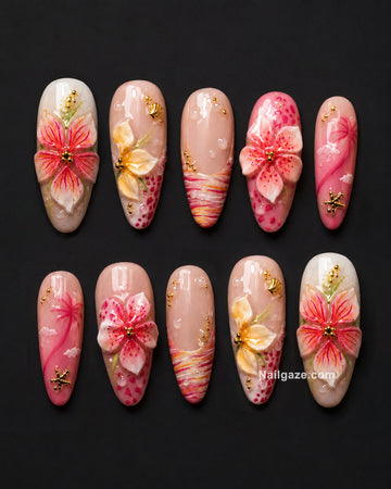 Tropic Hibiscus | Handmade Pink Summer 3D Floral Beach Press-On Nails