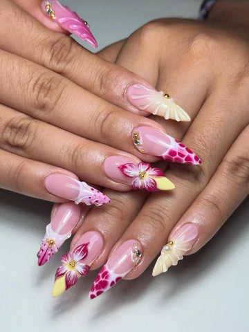 Tropical Chic | Handmade Pink Croc French 3D Floral Press-On Nails