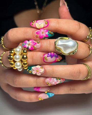Tropical Pop | Handmade Y2K Colorful French Tip 3D Floral Press-On Nails